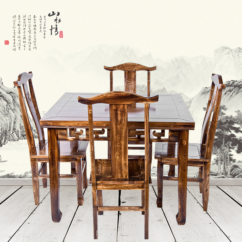炭烧木餐厅雕花仿古中式柏木八仙桌四方桌椅子饭店火烧木快餐桌椅|ms