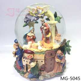 厂家供应手绘耶稣圣母马槽家庭塑像工艺品水晶球摆件音乐盒圣诞礼