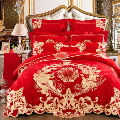 婚庆四件套大红刺绣全棉贡缎结婚被套床品六八多件套家纺批发|ru