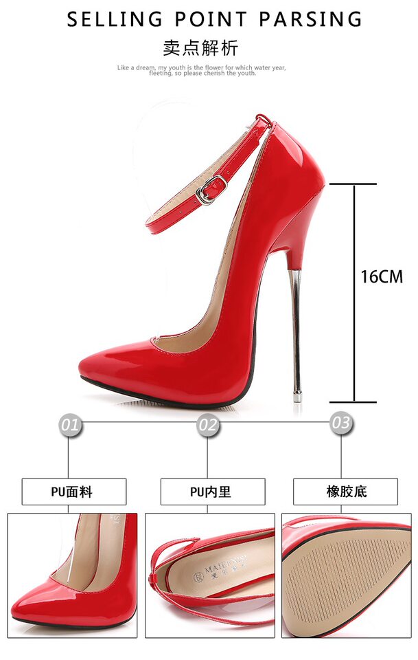 Giày cao gót nữ mũi nhọn gót 16 cm phong cách gợi cảm — Màu Đỏ đào, Màu đen, Màu đỏ, Trắng bạc chi tiết 4