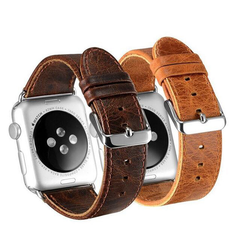 适用apple watch表带苹果真皮手表带iwatch疯马纹表带单圈S1S2S3