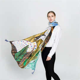 2020春秋女复古波西米亚民族风油画棉麻流苏围巾经典企鹅图案披肩