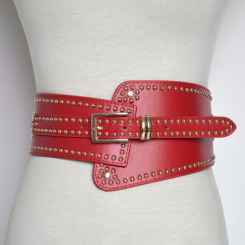Women's wide rivet girdle European and American fashion ladies rivet elastic pin buckle wide belt