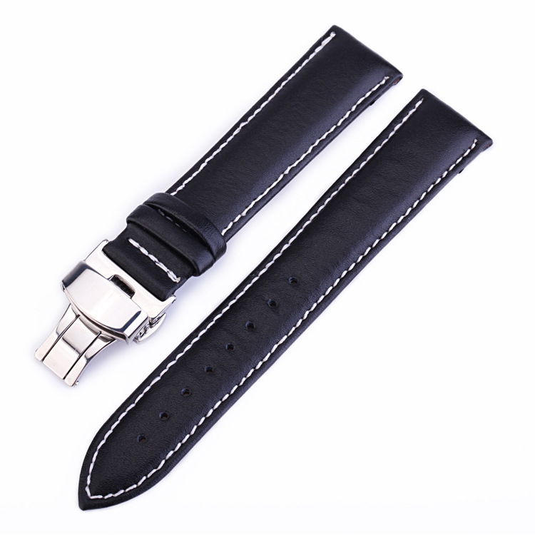 Correa de cuero de los hombres de correa de reloj liso correa de reloj de mujer universal Correa de doble prensa hebilla de mariposa 12-24 negro y marrón