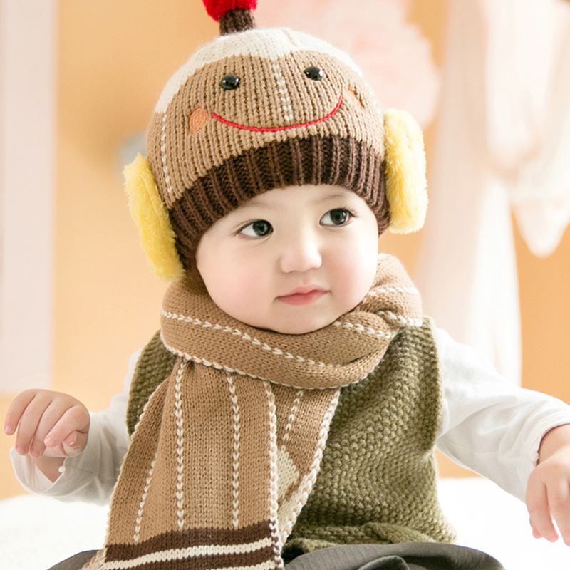 秋冬婴儿护耳小雪人帽子围巾两件套0-4岁宝宝婴儿童男女帽毛线帽