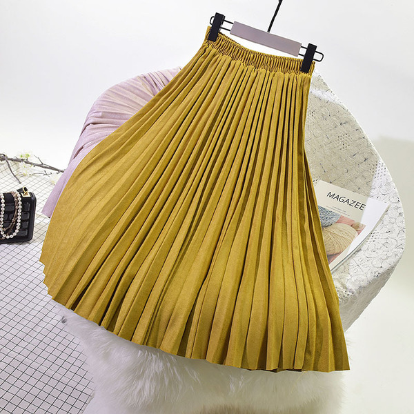 Demi-season velvet long pleated skirt