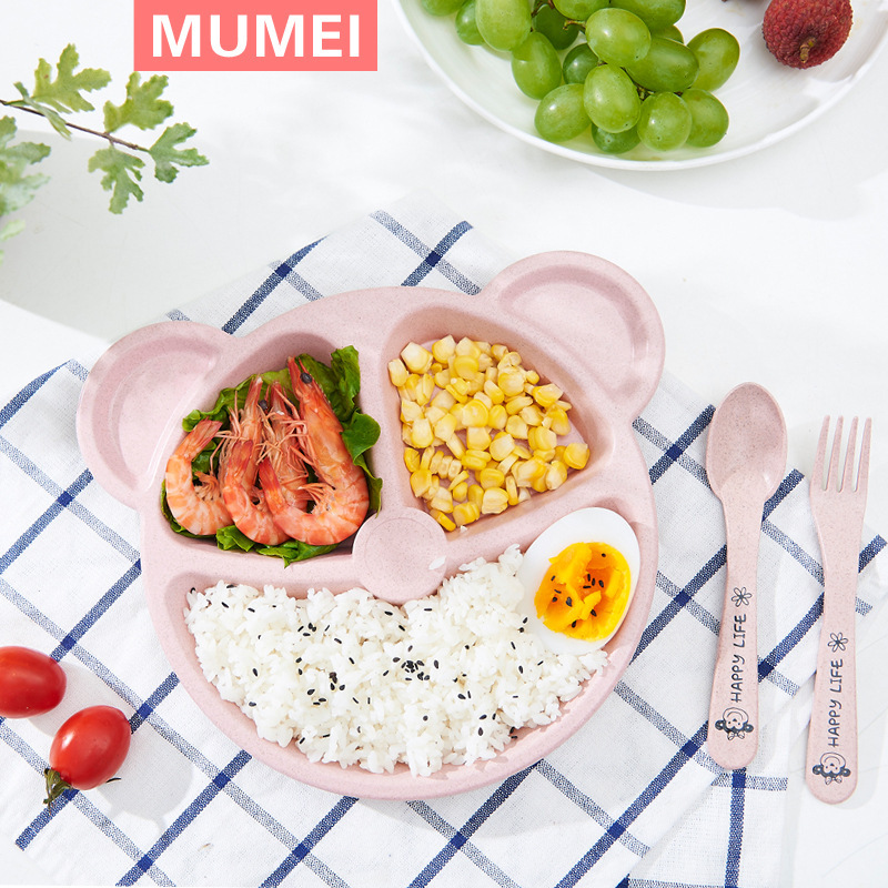 Bear Children's Dinner Plate Canteen Dinner Plate Cute Cartoon Dinner Plate Lunch Box with Chopsticks Spoon Fork Lunch Box