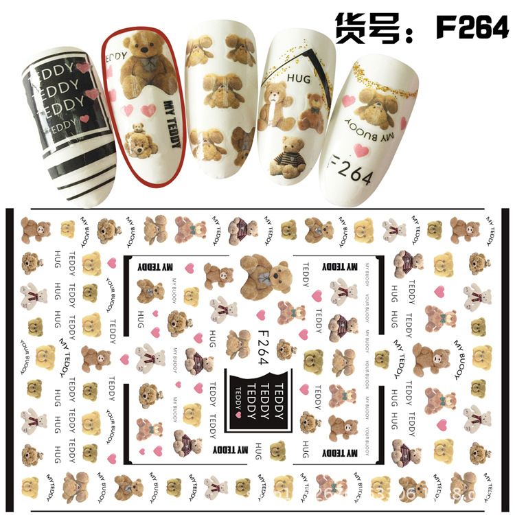 外贸3D日本新款背胶泰迪熊雪花孕妇儿童美甲贴花指甲贴纸F261-270