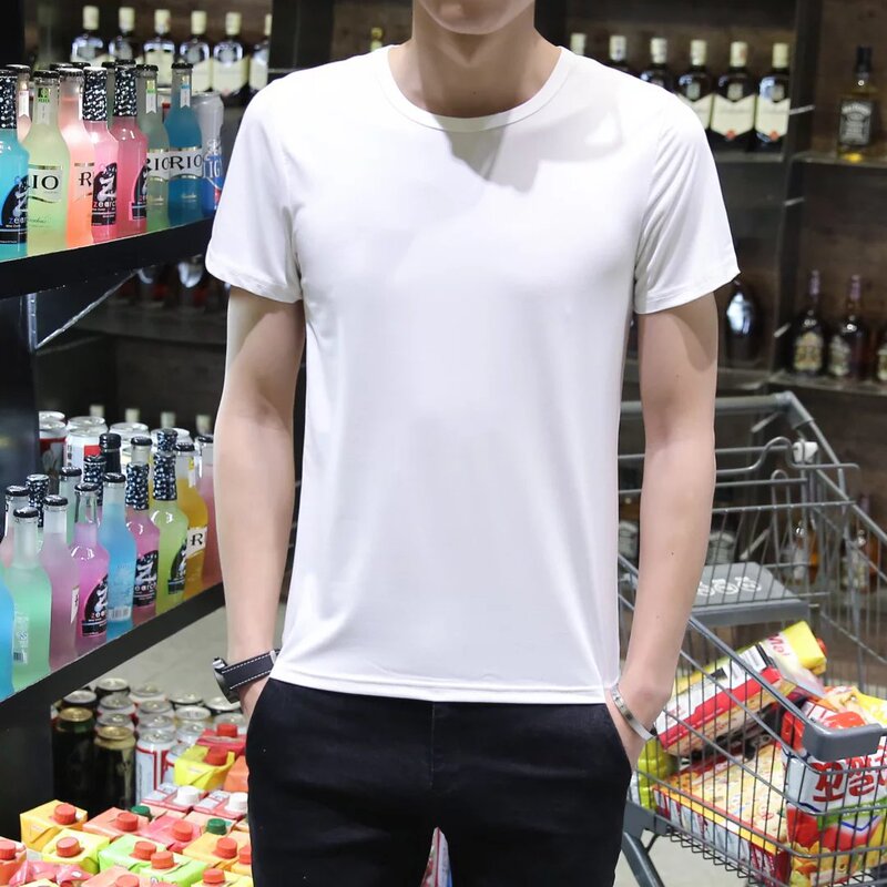 Men's Short-Sleeved T-Shirt Round Neck Slim-Fit Half-Sleeved Men's Clothes Base Shirt Pure White Summer Fashionable White Advertising Shirt