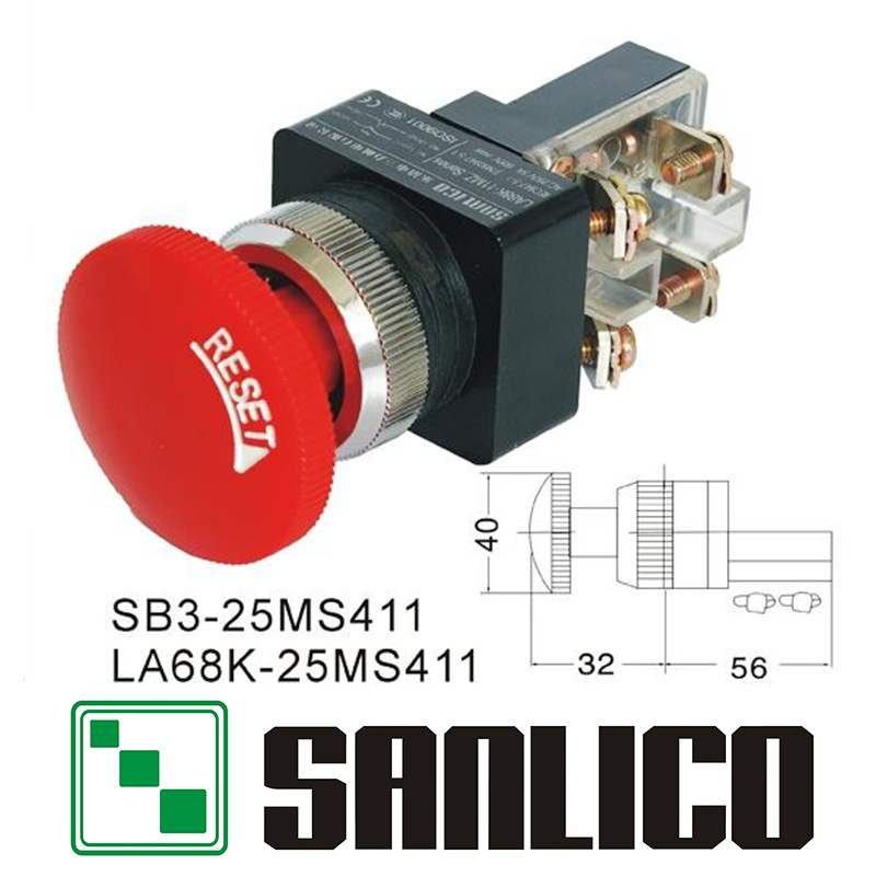 蘑菇头自锁转动复位开关 LA68K(SB3 KS11 PB)-25MS411急停