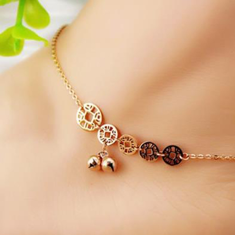 韓國時尚招財銅錢鈴铛腳鏈女钛鋼鍍18K玫瑰金本命年招財多層腳鏈