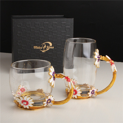 珐琅玻璃水杯带勺子花茶杯创意水杯菊花水杯珐琅水杯高档礼盒包装|ms