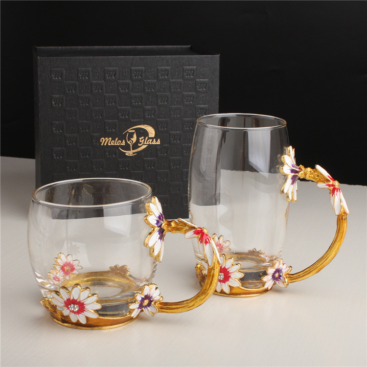 珐琅玻璃水杯带勺子花茶杯创意水杯菊花水杯珐琅水杯高档礼盒包装|ms