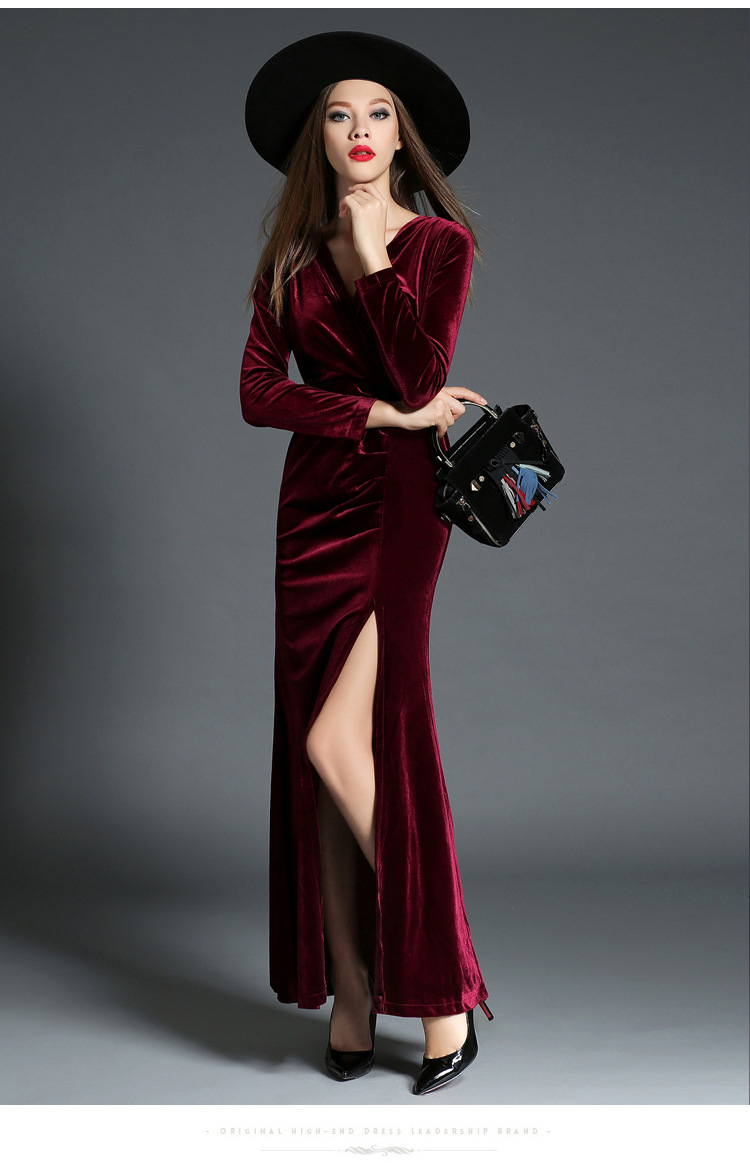 pleated split-end velvet dress  NSCX21929