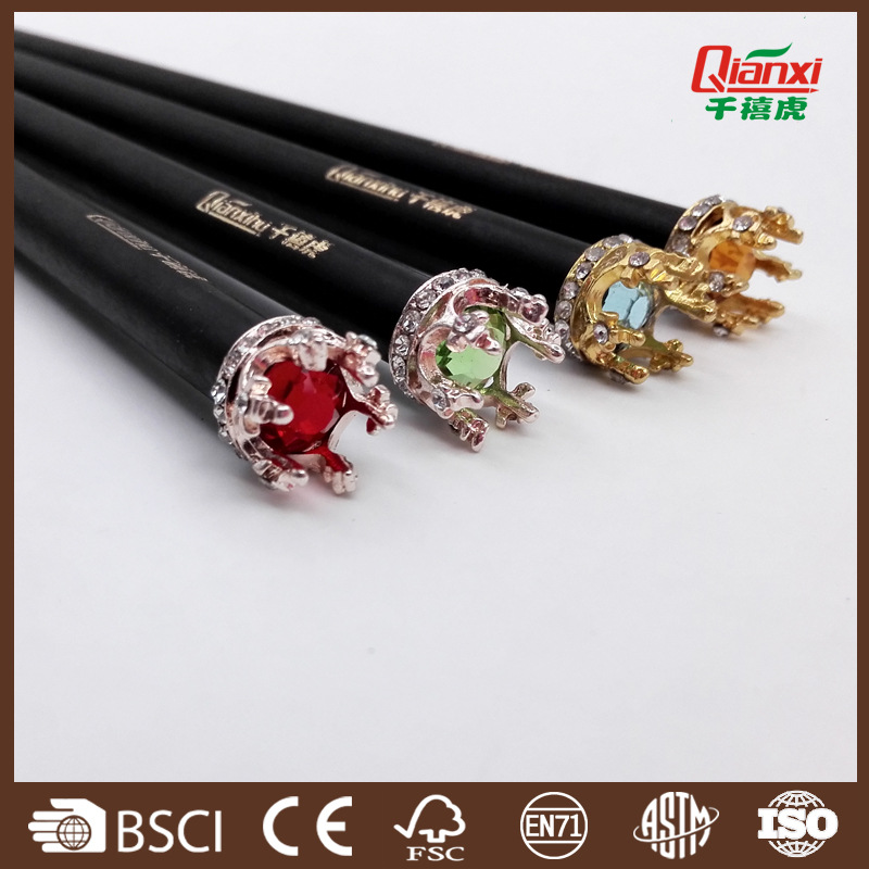 Producción profesional de lápiz de madera negro corona de alta gama lápiz de regalo de diamante de punto de madera negro publicidad HB 2B lápiz logotipo impreso