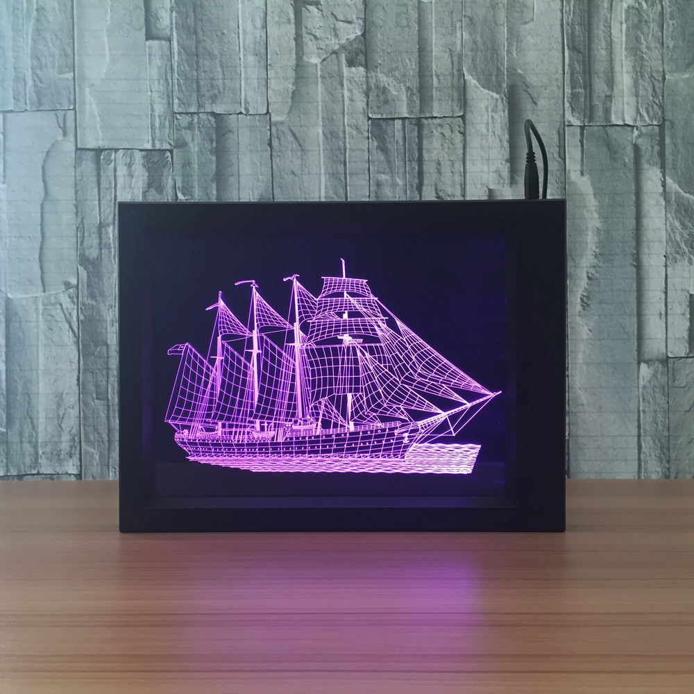 相框3d灯 亚克力相框led灯 创意礼品小夜灯帆船