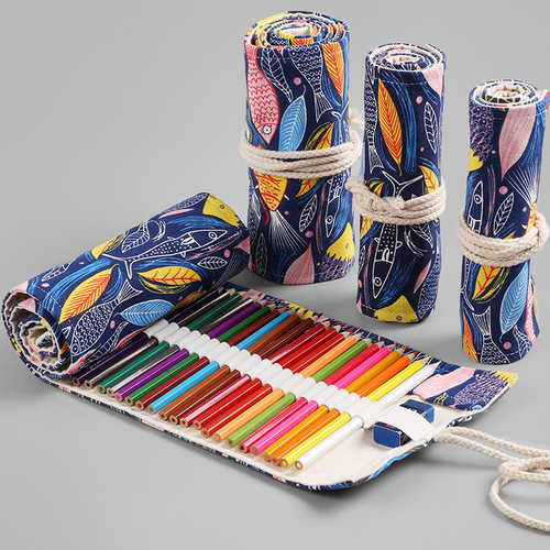 Colorful fish print handmade canvas art pen curtain 36 48 72 holes large capacity pencil bag color lead sketch stationery bag