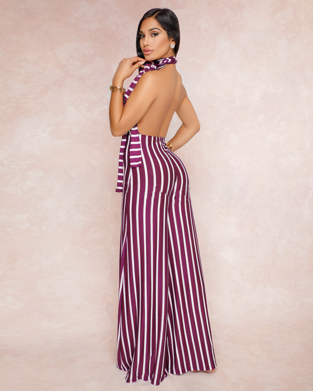 Striped Lace Up Backless Wide Leg Jumpsuit NSMRF116732