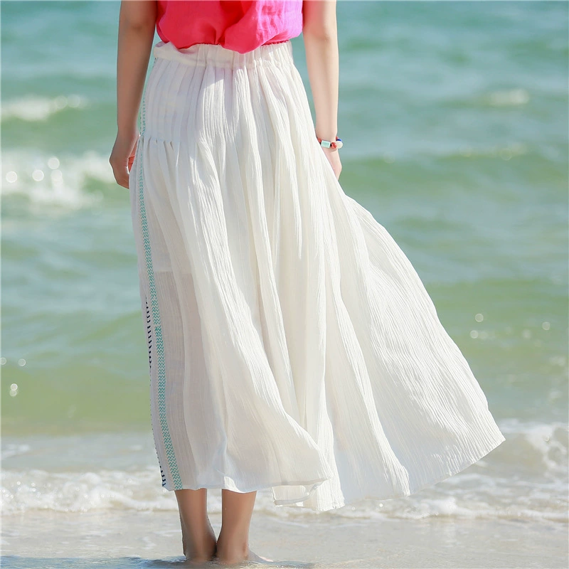 Новинка 2020, Оригинальное женское платье, универсальная винтажная юбка из хлопка и льна с вышивкой и бахромой на шнуровке