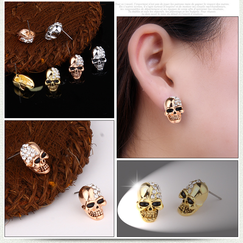 1 Pair Retro Punk Skull Plating Inlay Alloy Rhinestones 18k Gold Plated Rose Gold Plated Ear Studs display picture 2