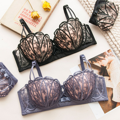 刺绣复古条纹文胸套装性感聚拢上薄下厚蕾丝边酒红色内衣女批发