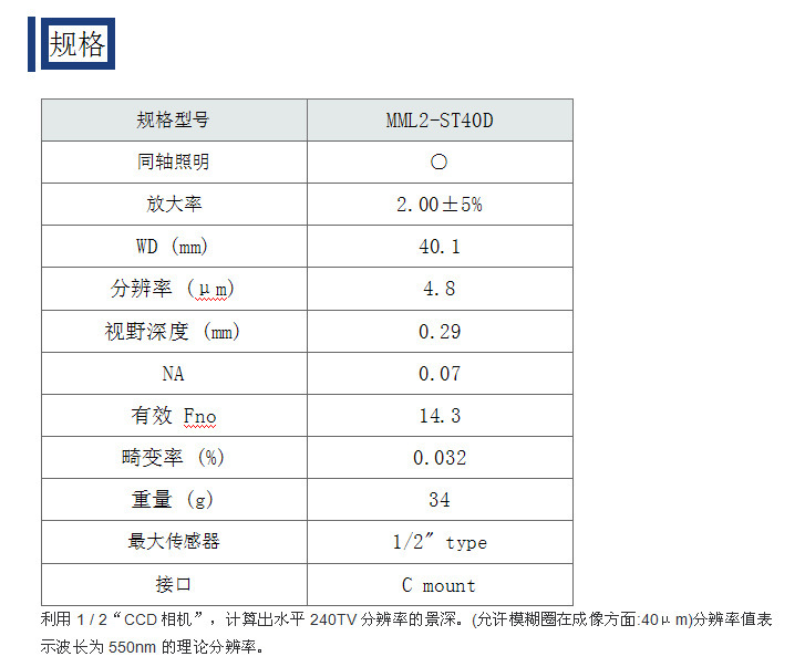 日本MML固定倍率镜头 Moritex茉丽特 MML2-ST40D 远心工业镜头
