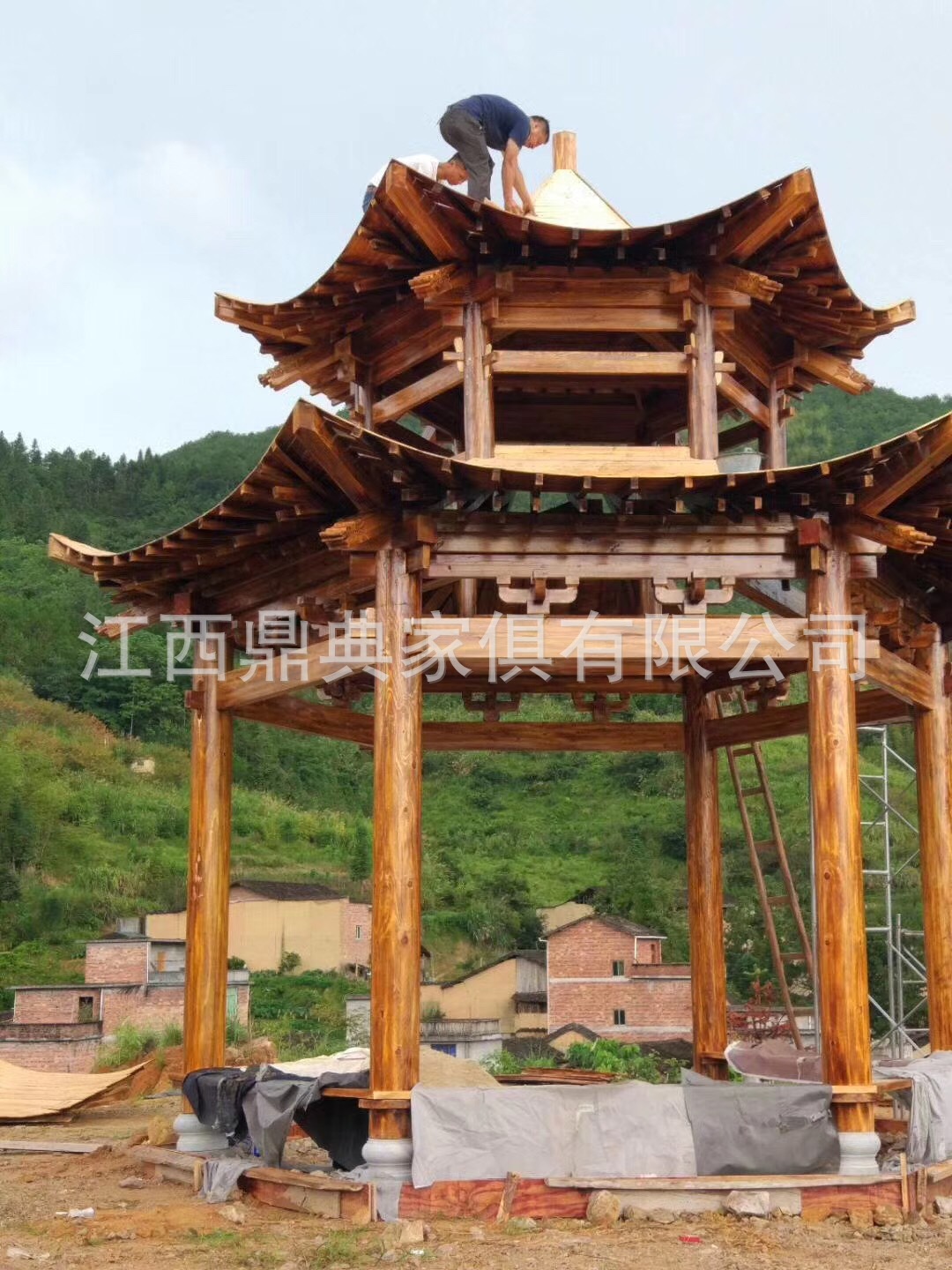 鼎典厂家供应户外防腐木实木双层古建六角凉亭喷砂瓦八角双层凉亭-阿里巴巴