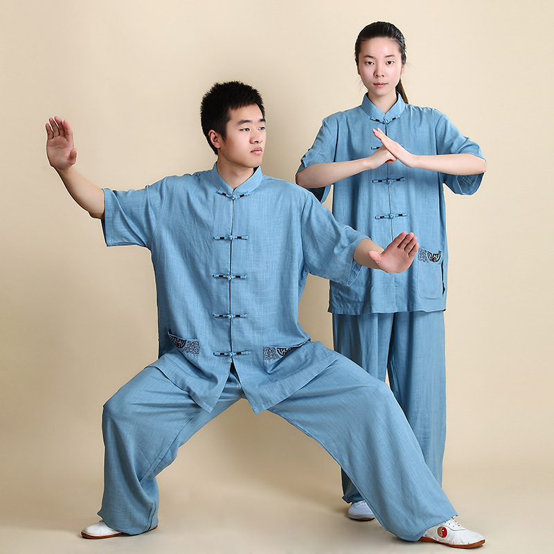 tai chi chinese kung fu bruce lee uniforms Short sleeve loose linen Taifu exquisite embroidered pocket pattern martial arts costume performance Costume