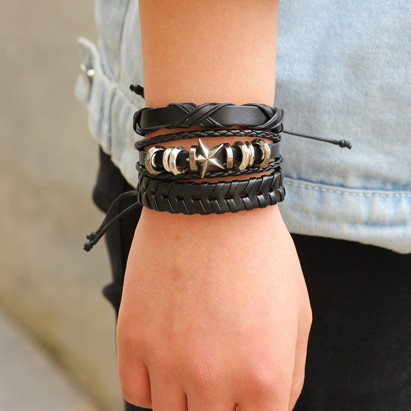 2 ST. Sexdelade uppsättning av äkta kohudsarmband, klassiskt döskalleuppsättning, vävda män och armbandstillbehör_voghion.com