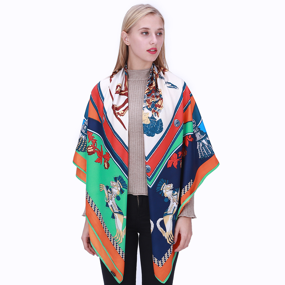 New Silk Scarf 130cm Twill Imitation Silk Scarf Carriage Printing Large Square Scarf Shawl Scarf display picture 4