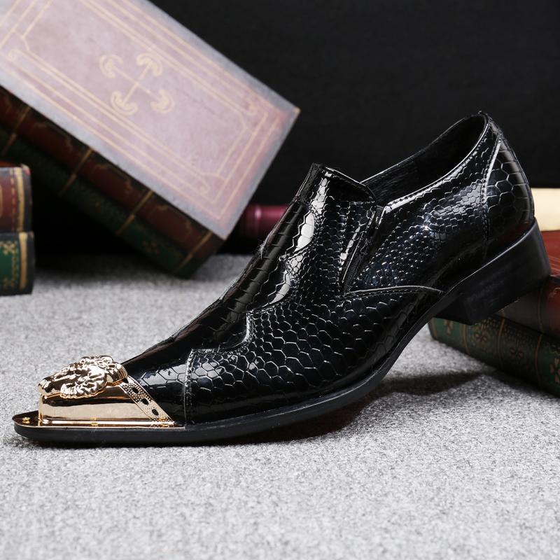 Men Metal Pointed Toe Formal Dress Shoes Snake Pattern Real