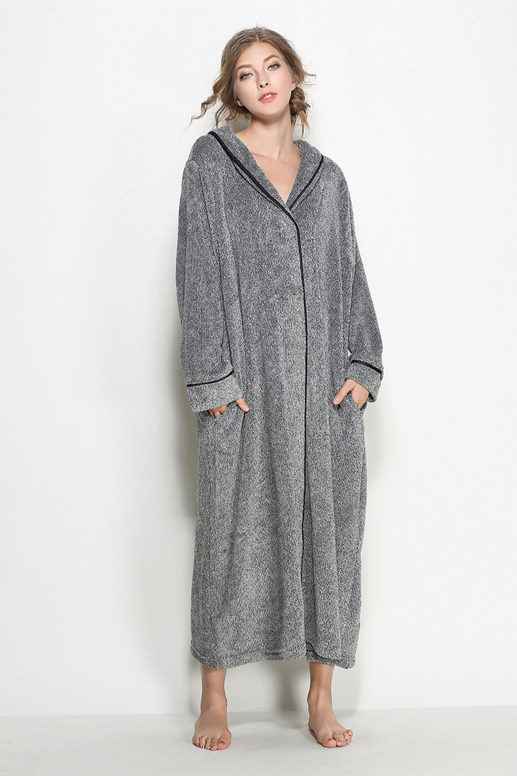 Grey Fleece Unisex Bathrobe Winter Peignoir Nightgown For Women And Men ...