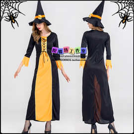 万圣节服装 Halloween恶魔装 女巫装 cosplay吸血鬼 金色扫把巫婆