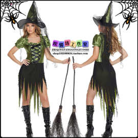 万圣节服装 Halloween恶魔装 女巫装 cosplay吸血鬼 绿色扫把巫婆