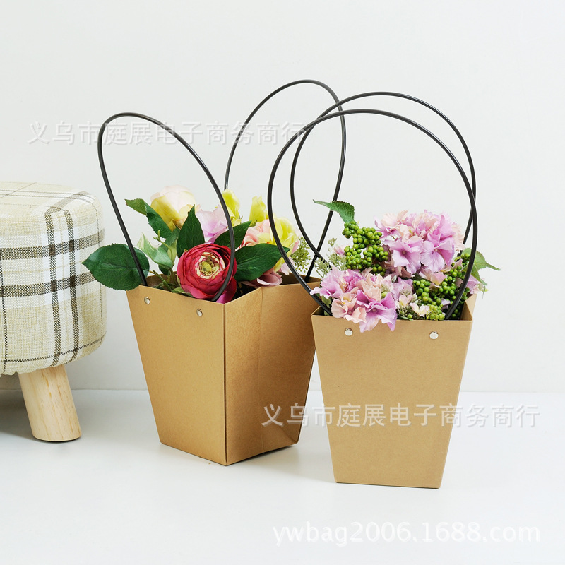 进口牛皮纸防水长柄手提鲜花包装袋迷你多肉植物包装鲜花店专用