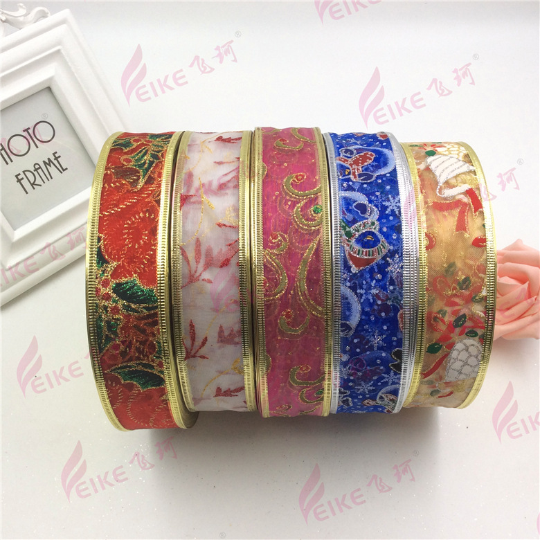 4cm铁丝边多彩纱晒金银粉圣诞丝带礼品包装带辅料织带婚庆家纺