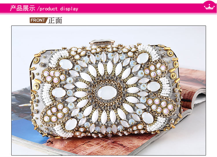 Retro Gemstone Bead Embroidery Evening Bag Handmade Banquet Clutch Handbag display picture 2