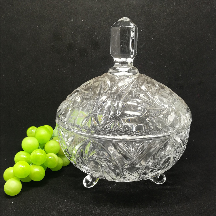 【厂家直销】玻璃器皿 玻璃三脚糖缸 花型新颖 【做工精良】
