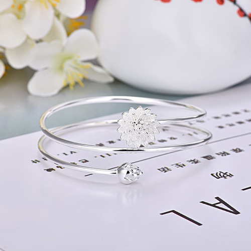 Lotus Silver Bangle Bracelet Pure Silver Women's Gift for Girlfriend Round Silver Bangle Open Silver Accessory Fine Multi-Ring Day-Korean Bracelet Accessory