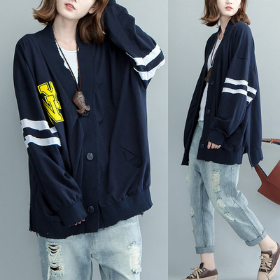 大码女装棒球服2020秋装新品 韩版V领长袖中长款胖mm开衫外套批发|ms