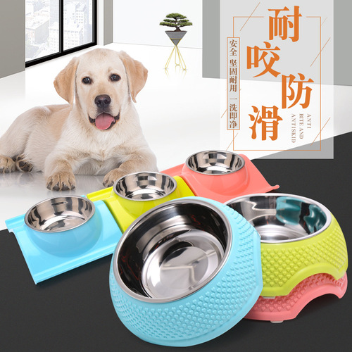 Factory direct sales double-layer dog bowl stainless steel pet bowl anti-slip two-in-one bowl dog food bowl