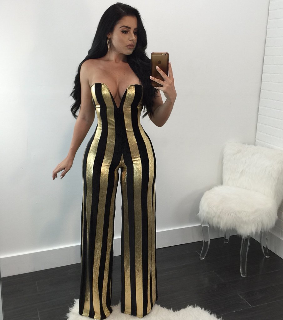 V-Neck Wrapped Chest Black Gold Striped Jumpsuit NSWNY74468