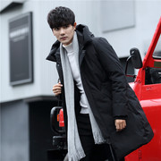 韩国男装年轻新款纯色羽绒服男中长款连帽加厚外套青年学生冬装潮