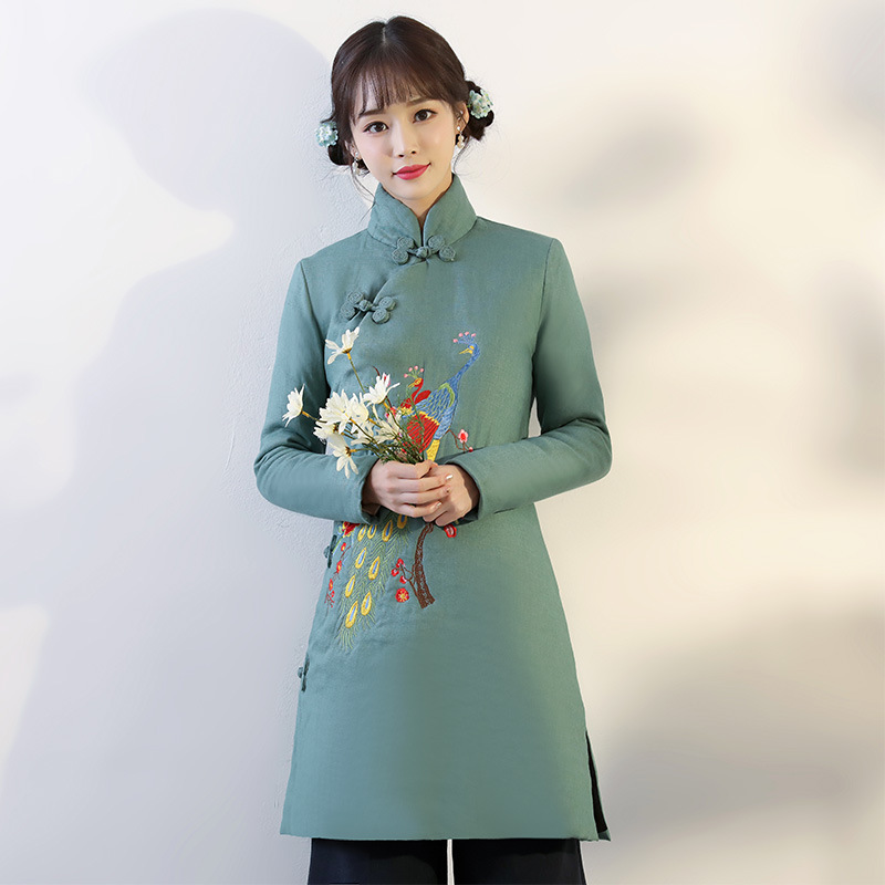 棉衣女棉服2019新款冬季繡花複古中式棉襖工裝外套高領民族風長款