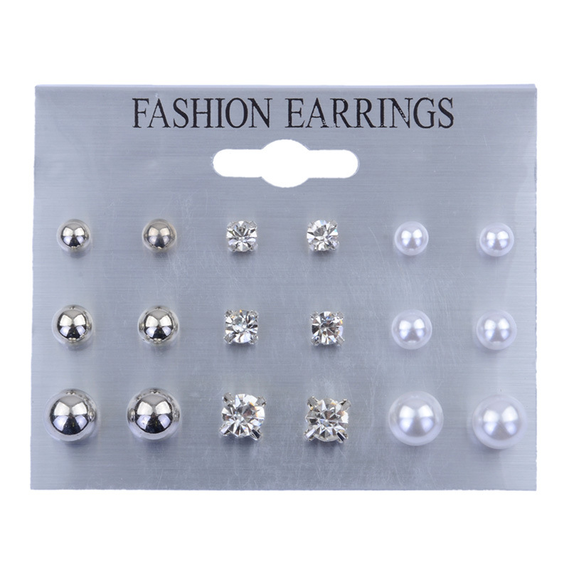 Jewelry Pearl Rhinestone Earrings Stud Earrings 9 Pairs Board Set display picture 2