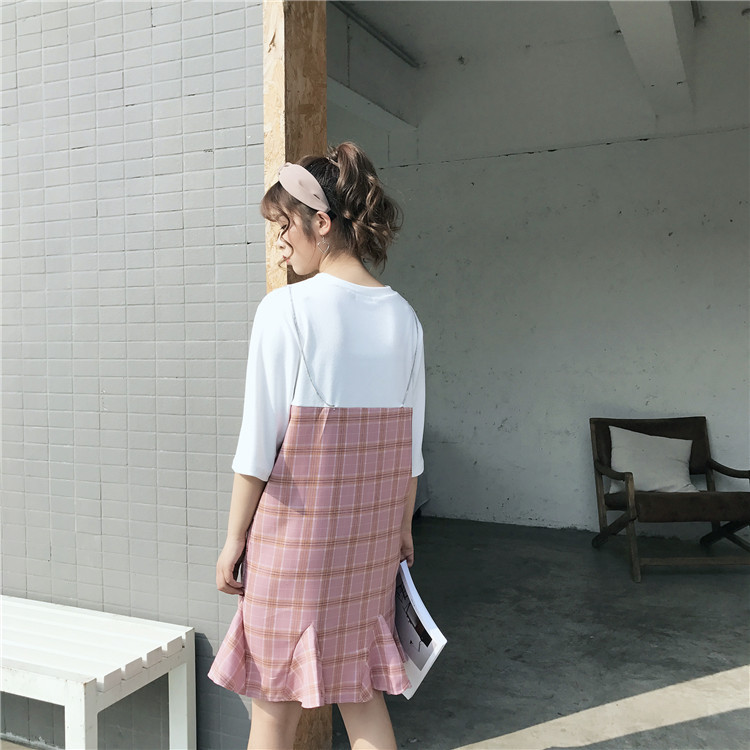 韩国连衣裙_实拍 韩国chic小清新假两件短袖粉