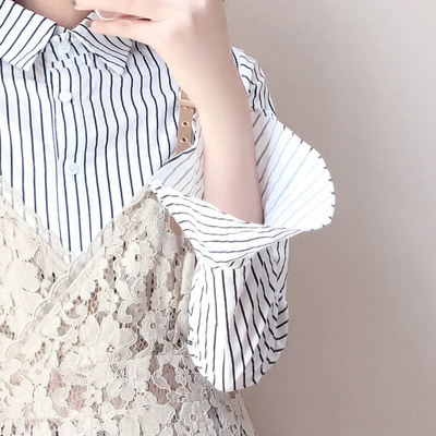 秋季套装女时尚两件套新款韩版学院气质条纹衬衫吊带蕾丝裙17926