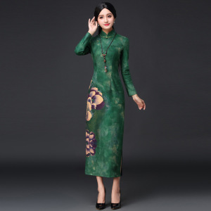 Chinese cashmere thickened long sleeve cheongsam skirt cheongsam