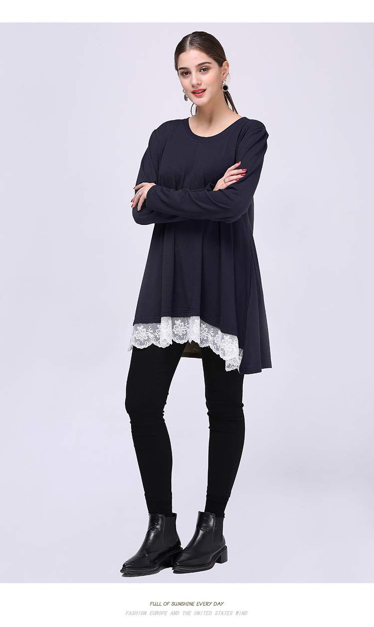 stitching round neck mid-length loose long-sleeved T-shirt  NSJR18178