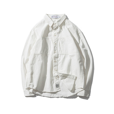 洛野男装 17秋季日系原创男士白色胸前口袋拉链衬衣国潮翻领衬衫|ms